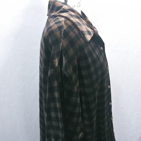 Coldwater Creek Brown Black Plaid Velvet Button Front Shacket Size L - Picture 6 of 11